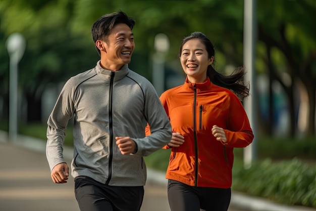 Glückliches Paar asiatischer Erwachsener, die morgens joggen