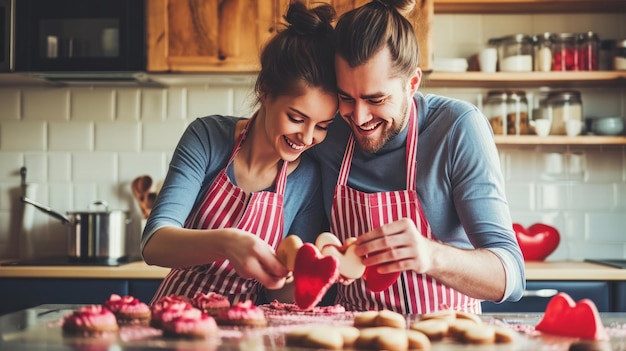 glückliches Paar backt herzförmige Kekse in der Küche
