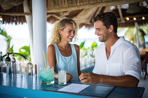 Glückliches Paar bestellt zwei Cocktails in einer Strandbar Generative KI-Illustration