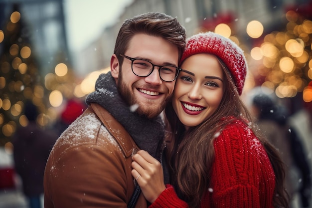 Glückliches Paar feiert Weihnachten zusammen in einer modernen Stadt Xmas Glückliches neues Jahr verschwommener Bokeh-Hintergrund Generative Ai