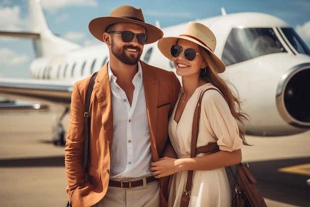 Glückliches Paar mit Strohhüten und Sonnenbrillen, das Flugzeug für die Ferien-KI betritt