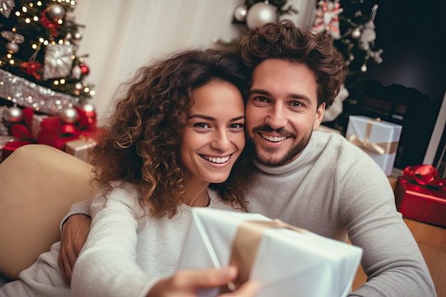 Glückliches Paar mit Weihnachtsgeschenk, das Selfie macht. Menschen zeigen Weihnachtsgeschenkbox in Händen und grüßen Freundin, Familienfeier, traditionelle Weihnachtsüberraschung, generative KI-Illustration