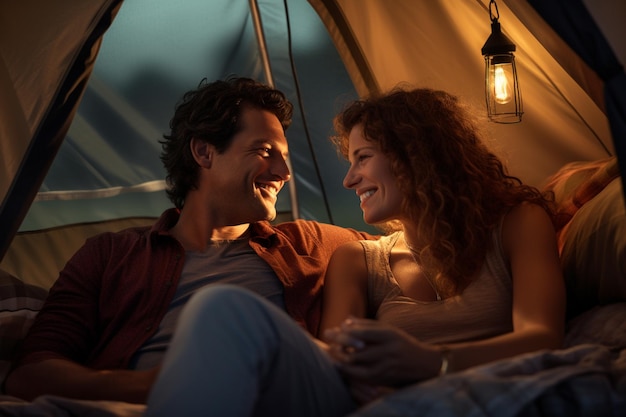 Glückliches Paar picknickt abends in einem Zelt am Flussufer