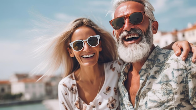 Glückliches Paar reifer Menschen mit Sonnenbrille, die den Urlaub auf grünem Hintergrund genießen und Spaß haben, Sommerreisen und Lebensstil der Reisenden, Rentenalter, generative KI