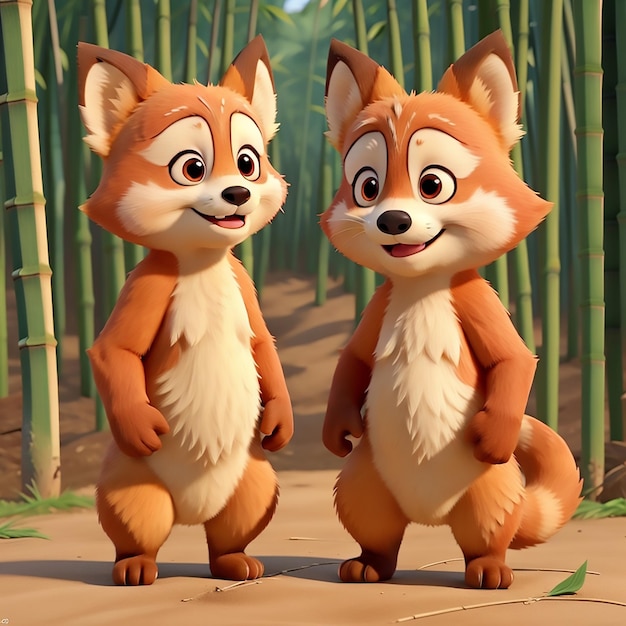 Glückliches Paar süßer roter Pandas, die sich einen Bambussnack teilen