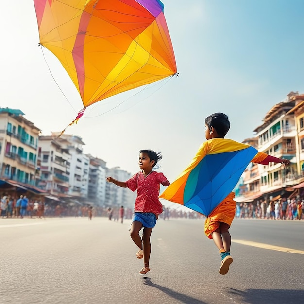 Foto glückliches poster zum makar sankranti-festival sankrant oder kalenderfeiertag kinder fliegen drachen