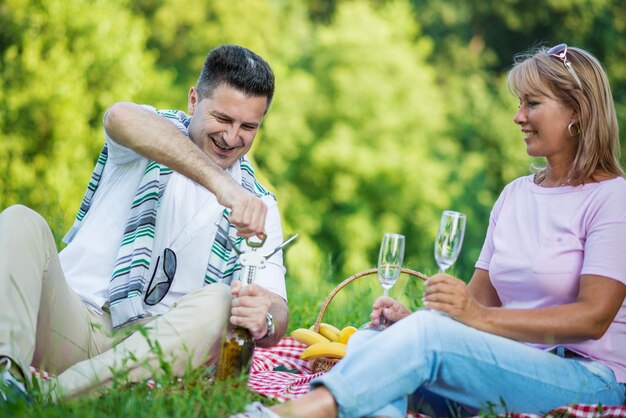 Glückliches reifes Paar, das Picknick hat