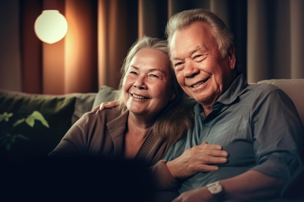 Glückliches reifes skandinavisches Paar, das zu Hause auf dem Sofa sitzt und glücklich lächelt Generative AI AIG20