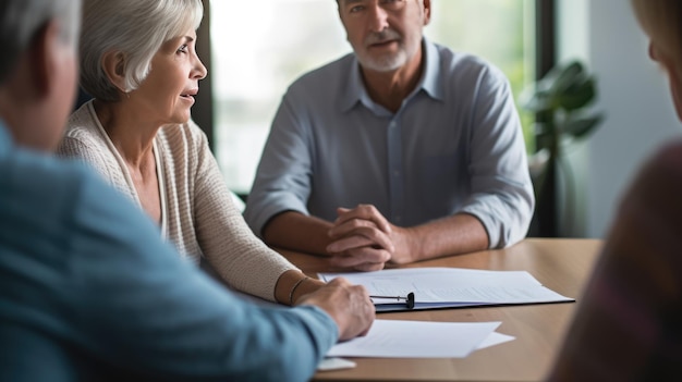 Glückliches Rentnerpaar unterzeichnet Vertrag mit Immobilienmaklern oder Maklern, um gemeinsam ein Haus oder eine Immobilie zu kaufen, erstellt mit generativer KI-Technologie