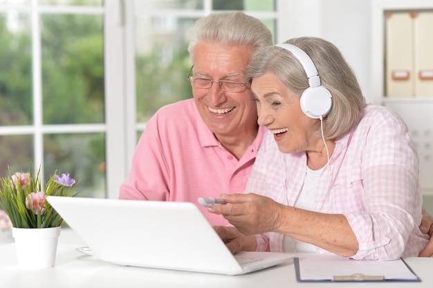 Glückliches schönes älteres Paar mit Laptop