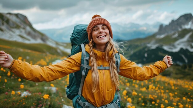 Glückliches schönes Mädchen geht im Wald wandern