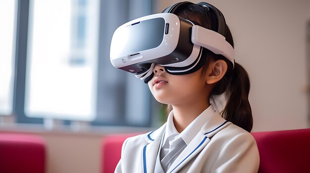 Glückliches Schulmädchen mit Virtual-Reality-Brille im Schulunterricht. Erstellt mit generativer KI-Technologie