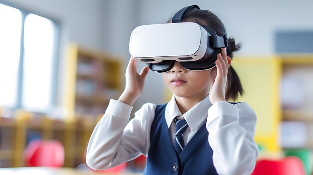 Glückliches Schulmädchen mit Virtual-Reality-Brille im Schulunterricht. Erstellt mit generativer KI-Technologie