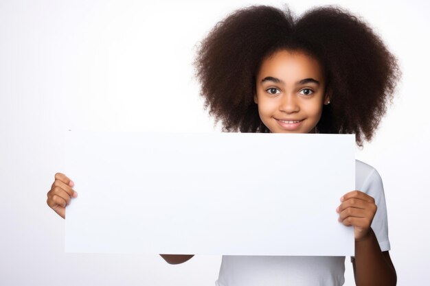 Glückliches schwarzes Scholl-Mädchen mit einem leeren weißen Banner, ein isoliertes Studio-Porträt
