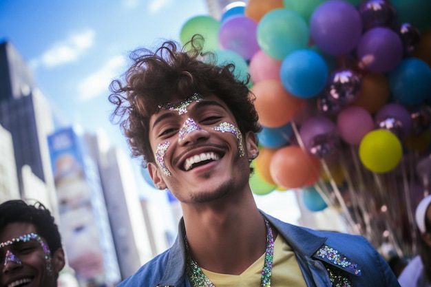 Glückliches schwules Paar feiert bei der LGBTQ Pride Parade in New York USA Pride Month Celebration