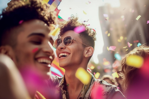 Glückliches schwules Paar feiert bei der LGBTQ Pride Parade in New York USA Pride Month Celebration