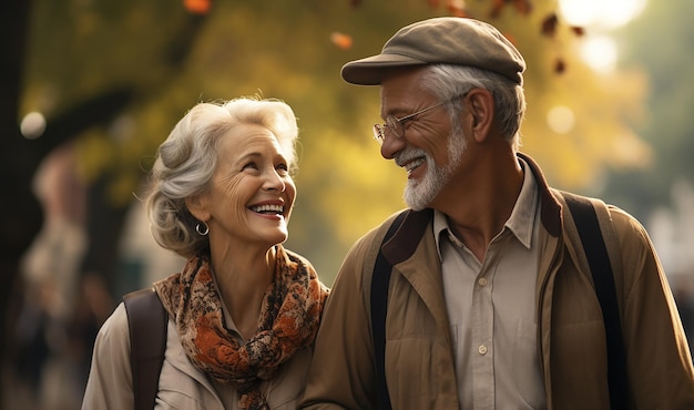 Glückliches Senior-Paar im Herbstpark