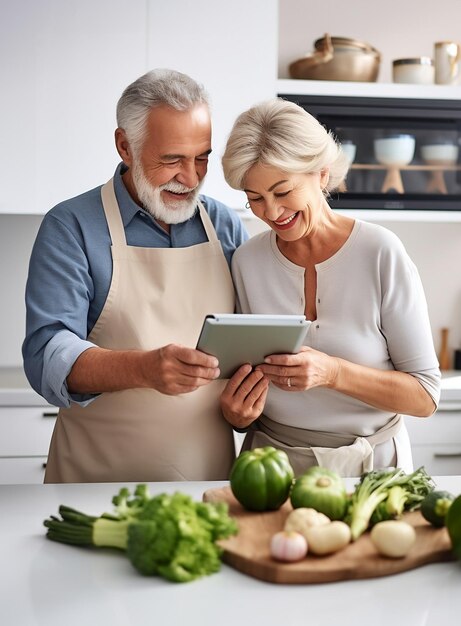 Glückliches Seniorenpaar kocht und hat Spaß mit digitalem Tablet in der Küche