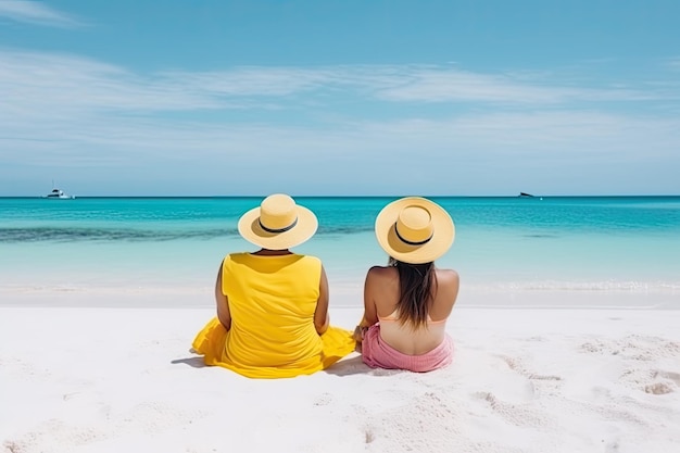 Glückliches sorgloses Paar entspannt im Sand sitzen und tropisches Strandziel genießen Perfektes Paradies Sommerurlaub Glück Rückansicht