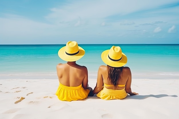 Glückliches sorgloses Paar entspannt im Sand sitzen und tropisches Strandziel genießen Perfektes Paradies Sommerurlaub Glück Rückansicht