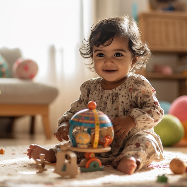 Foto glückliches srilankisches baby, das mit spielzeug spielt