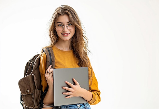 Glückliches Studentenmädchen mit Rucksack steht und hält einen Laptop, der auf einem weißen Hintergrund isoliert ist