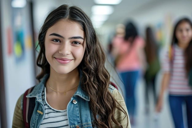 Glückliches Teenager-Mädchen im Flur der Highschool, das in die Kamera schaut, ihre Freunde sind im Hintergrund.