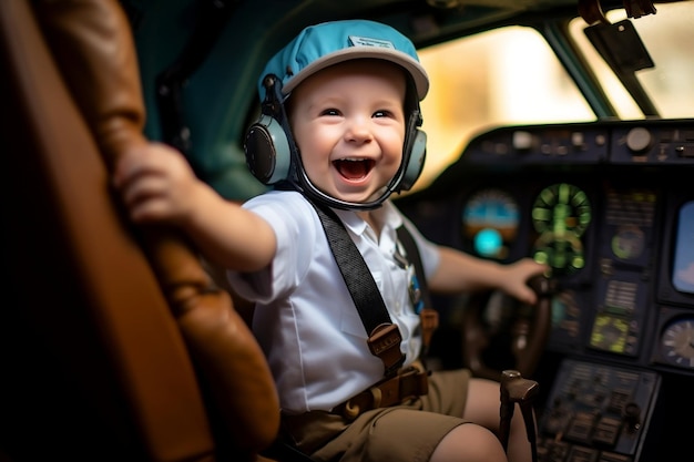 Glückliches und fröhlich aussehendes Kind, gekleidet als generative KI eines Flugzeugpiloten