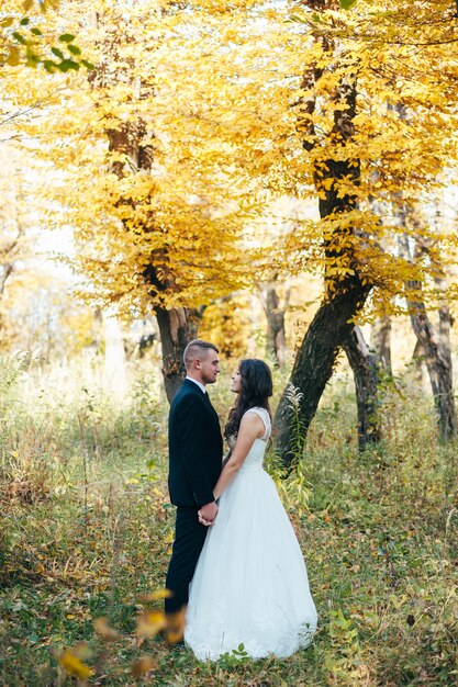 Glückliches und verliebtes Brautpaar im Herbstpark an ihrem Hochzeitstag