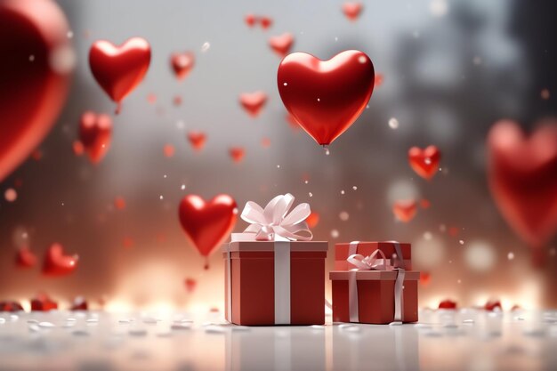 Glückliches Valentinstagskonzept mit roter Geschenkkiste und herzförmigen Ballons romantisches Banner Liebe