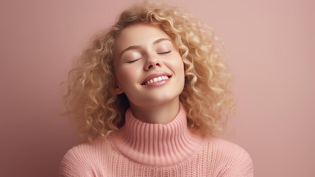 Glückselige Frau in rosa Pullover drückt glückliche Emotionen aus Augen geschlossen, fühlt sich gut an, lächelnde Frau