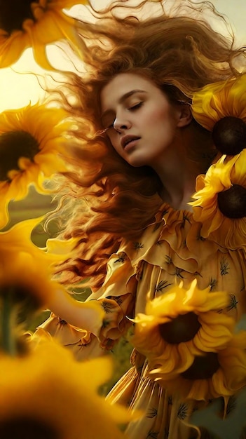 Foto glückselige frau mit langen haaren, umgeben von einem atemberaubenden feld goldener sonnenblumen