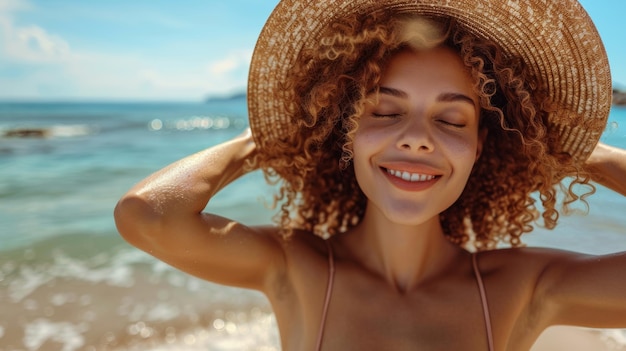 Glückselige Frau mit lockigem Haar genießt die Sonne auf ihrem Gesicht unter einem Strohhut in der Nähe des Meeres