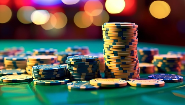 Glücksspiel-Glücksspiel- und Unterhaltungskonzept, Nahaufnahme von Casino-Chips auf grüner Tischoberfläche mit