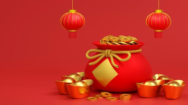 Glückstasche oder Schatztasche mit Gold- und Münzhintergrund oder Grußkarte für das chinesische Festival Chinesisches Neujahr 3D-Render