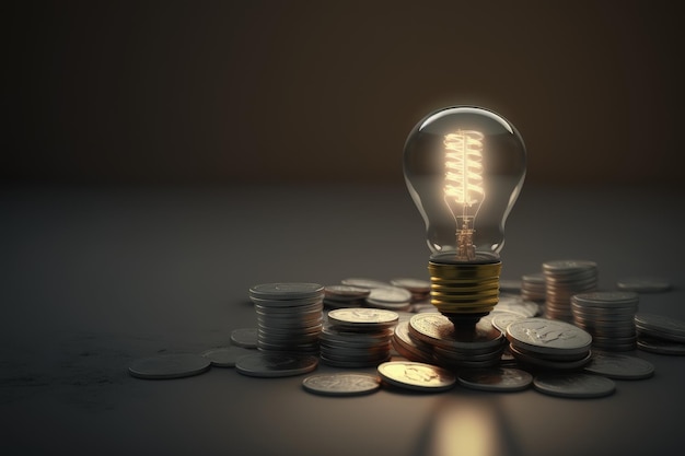 Glühbirne auf Stapel Münzen Geschäftsideenkonzept Digitale Illustration KI