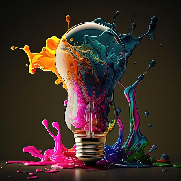 Glühbirne gefüllt mit Farbe auf dunklem Hintergrund Mit Farbspritzern um eureka Strom Konzept Ideen Lichttechnik hochauflösende Illustrationen Kunst AI