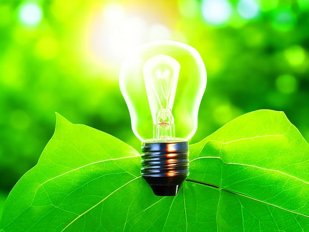 Foto glühbirne gegen die natur auf grünem blatt mit energiequellen nachhaltige entwicklung und verantwortungsvolle