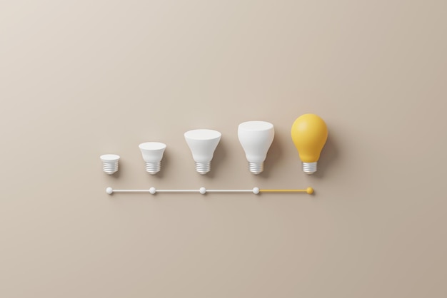 Foto glühbirne gelb wächst hervorragend unter glühbirne weiß auf hintergrund konzept der kreativen idee und innovation einzigartige denke anders 3d-rendering-illustration
