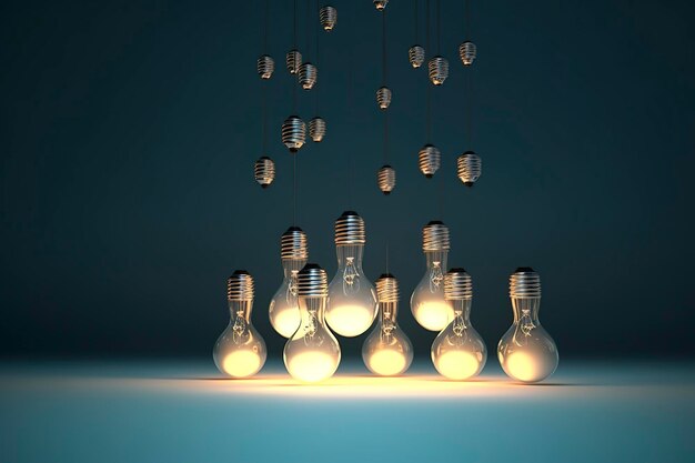 Glühbirne-Idee 3D-Rendering Glühbirne leuchtet neben den erloschenen. Führungsinspiration, richtige Entscheidung und Energiesparkonzept erzeugen KI