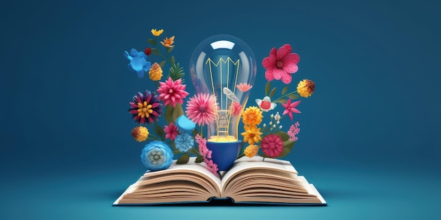Glühbirne mit Blumen auf offenem Buch Durch das Lesen eines mit KI erstellten Buches werden Sie intelligent und intelligent