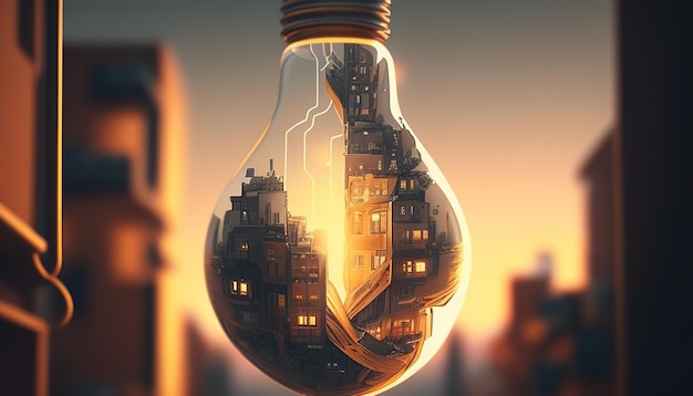 Glühbirne mit einer umgedrehten digitalen Kunstillustration der Stadt Generative KI