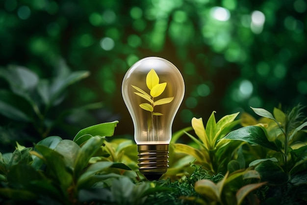 Glühbirne mit grüner Pflanze Energieeinsparung und Umweltkonzepte