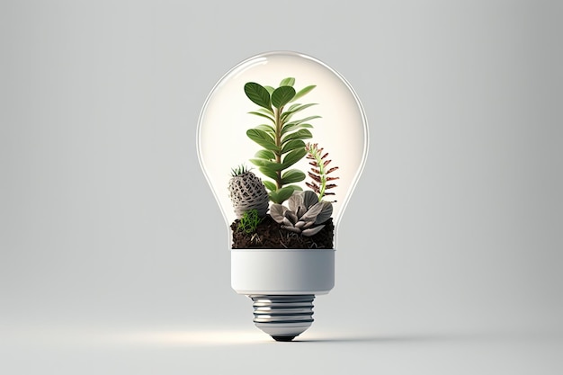 Glühbirne mit kleinen Pflanzen in weißem Hintergrund Generative KI