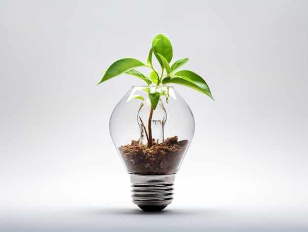 Glühbirne mit Pflanzen, die drinnen wachsen, Innovation und Wachstum, isoliert auf weißem Hintergrund, KI-generiert