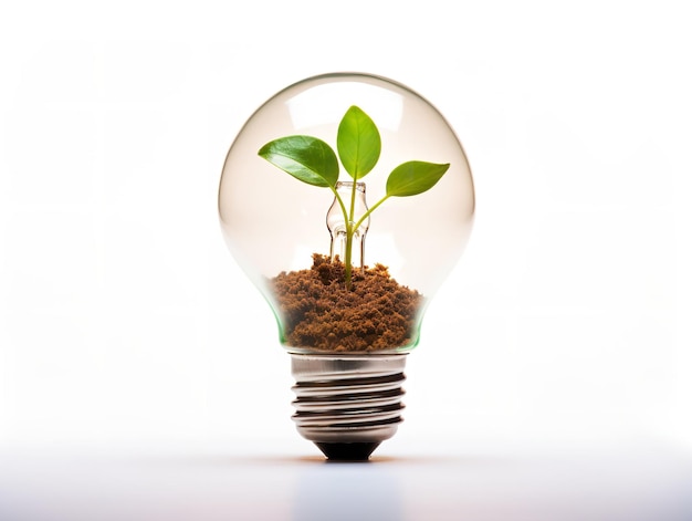 Glühbirne mit Pflanzen, die drinnen wachsen, Innovation und Wachstum, isoliert auf weißem Hintergrund, KI-generiert