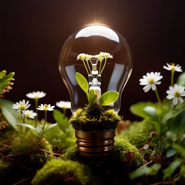 Foto glühbirne mit pflanzen und blühenden blumen, die erneuerbare umweltfreundliche energie zeigen