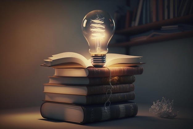 Glühbirne mit Stapel konzeptioneller Bücher für Inspiration, Innovation, Kreativität durch das Lesen von Ai generative