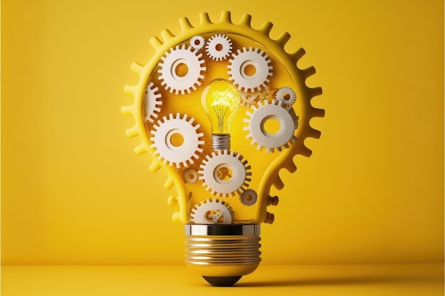 Glühbirne mit Zahnrädern, Kreativität und Innovationskonzept, gelber Hintergrund, KI