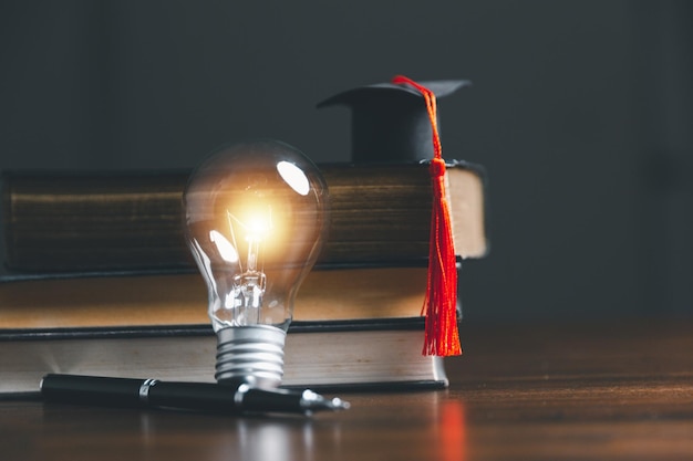 Glühbirnen und Bücher mit Abschlussmütze Konzept des Lesens von Büchern Wissen und Suche nach neuen Ideen Innovation und Inspiration Kreativität mit funkelnden Lichtern die Inspiration von Ideen